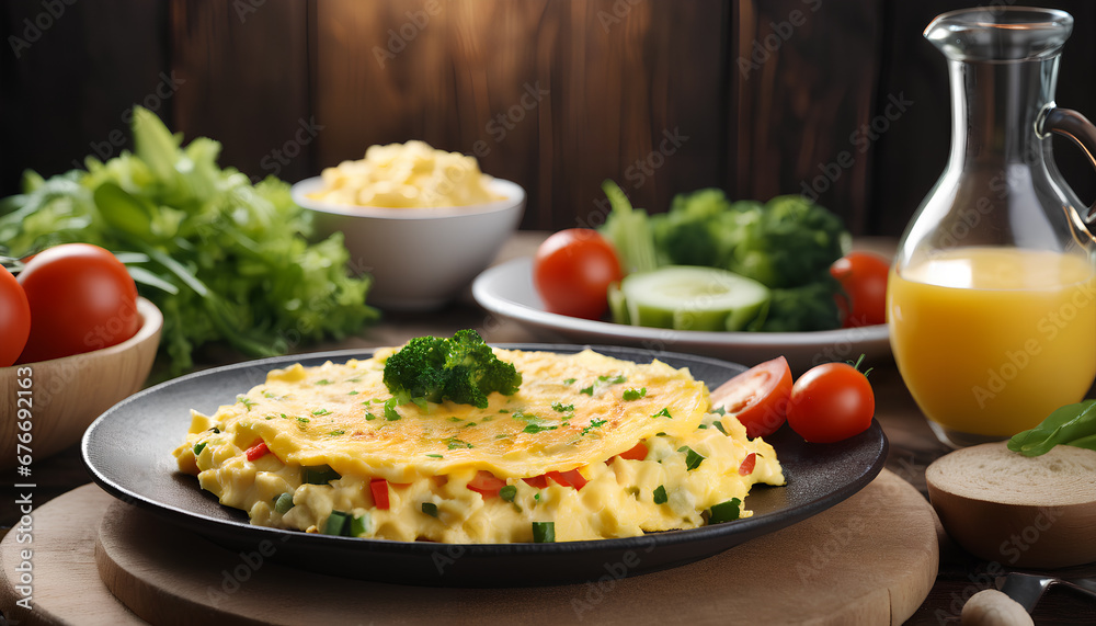 Scrumptious omelette featuring perfectly scrambled eggs, melded with gooey cheese and a medley of vibrant vegetables. Generative AI.