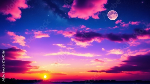 Purple gradient mystical moonlight sky with clouds and stars phone background wallpaper. AI Generated
