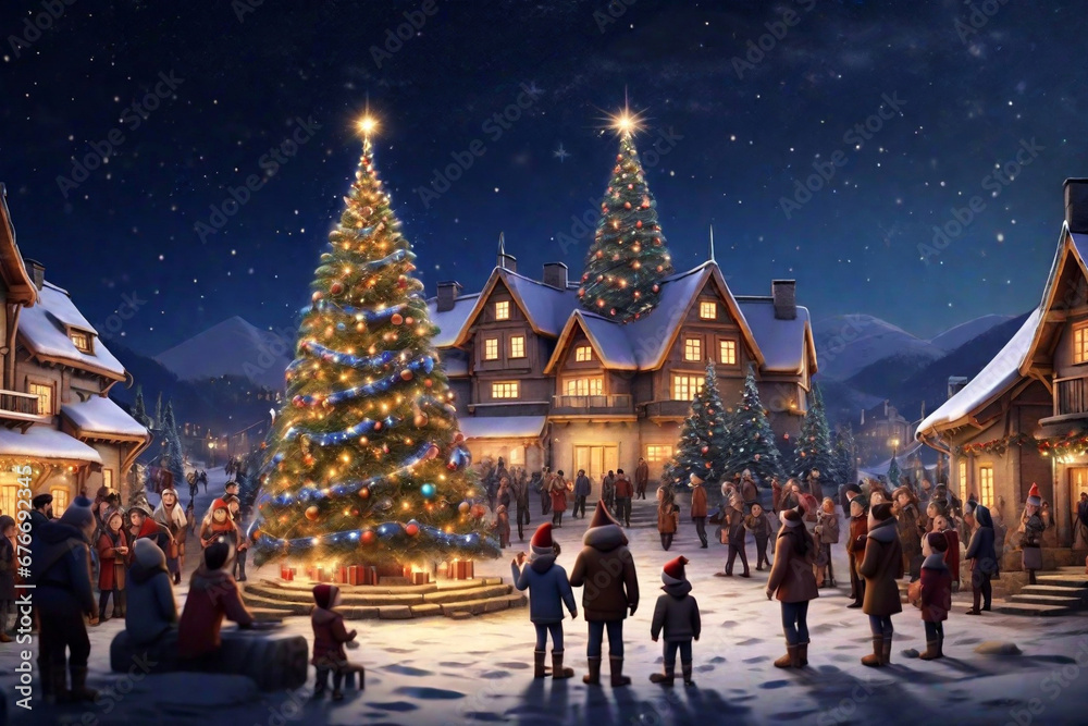 Brigh christmas tree in the snow village and many people around look at it . Created using generative AI tools Brigh christmas tree in the snow village and many people around look at it . Created using generative AI tools