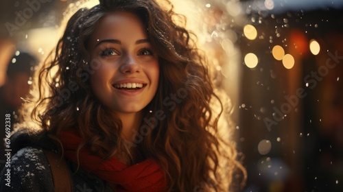 Young brunette woman in Christmas season smiling outdoor