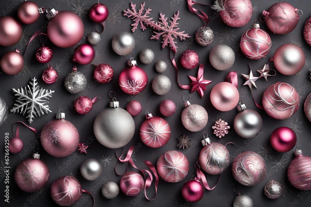 PINK AND SILVER CHRISTMAS DECORATIONS BULBS COLLAGE ON A GREY BACKGROUND