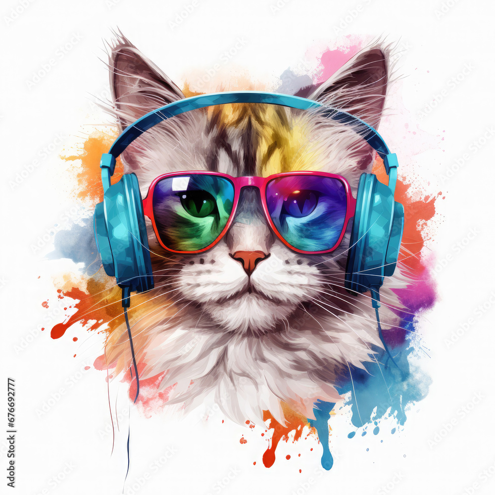 Dj cat with headphones and sunglasses Illustration, Generative Ai
