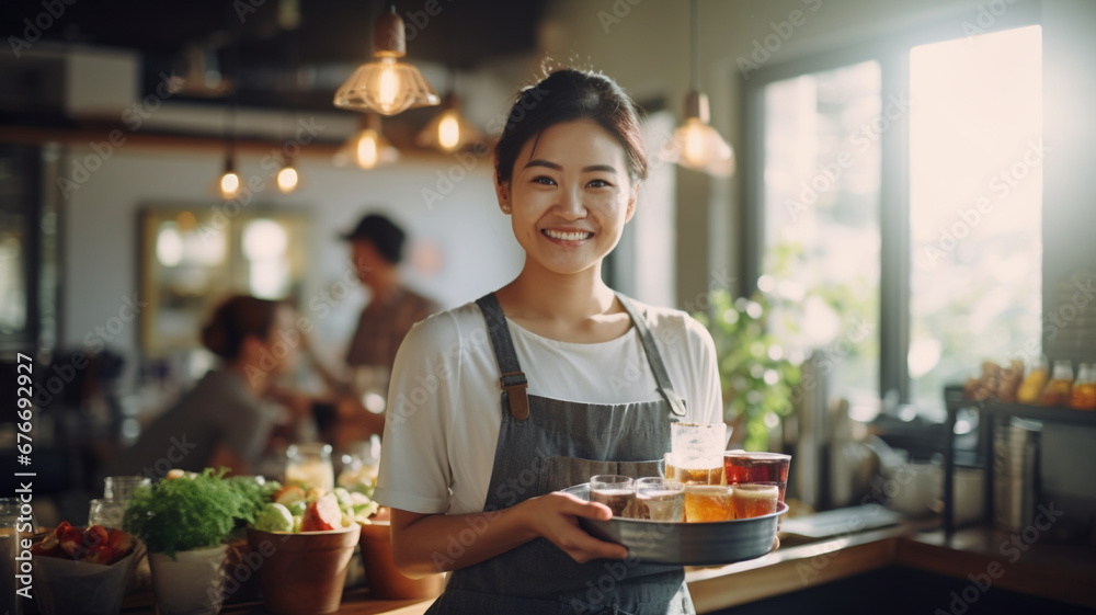 カフェでウエイターとして働くアジア人女性

