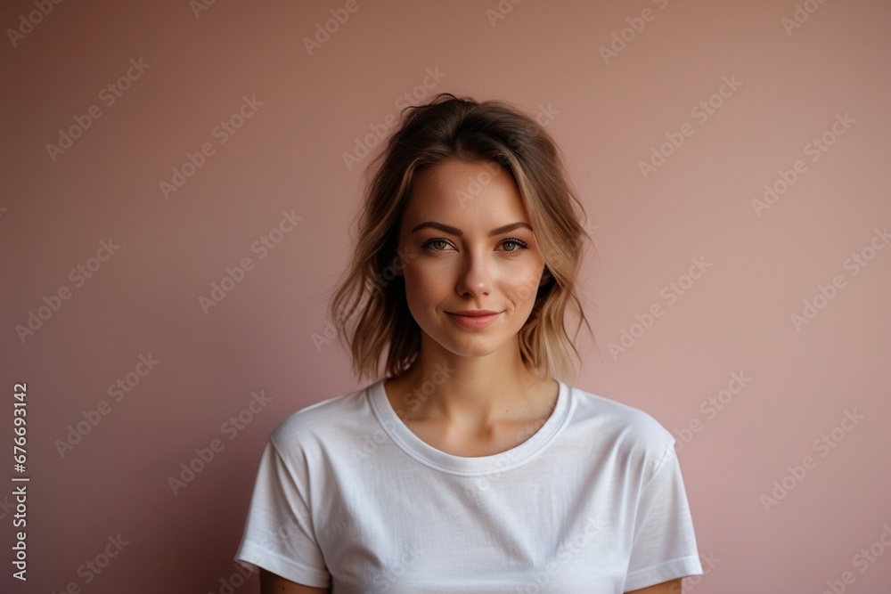Natural Beauty: Self Love in white t-shirt, young woman in her 30s, smiling and posing on a soft pink monochrome background Natural Beauty: Self Love in white t-shirt, young woman in her 30s, smiling and posing on a soft pink monochrome background