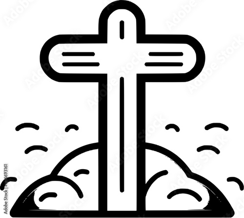 Halloween Gravestone with Cross on Top Vintage Outline Icon In Hand-drawn Style