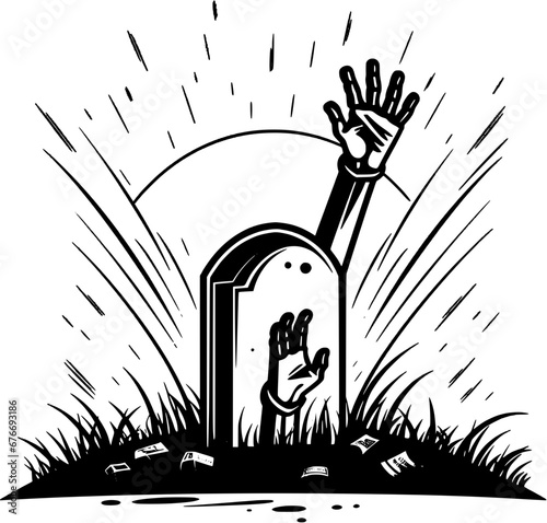Halloween Gravestone with Zombie Hand Vintage Outline Icon In Hand-drawn Style