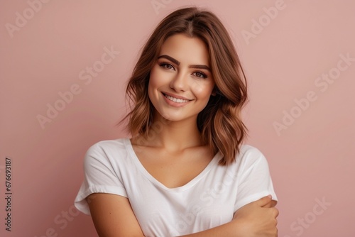 smiling girl in a white T-shirt posing on a monochrome pink background © Yuliia