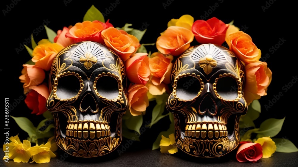 sugar skull with floral ornament on black background. AI Generated