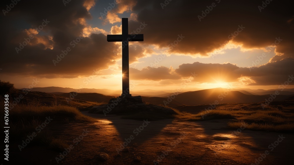Holy cross symbolizing the death and resurrection of Jesus Christ with the sky. AI Generated