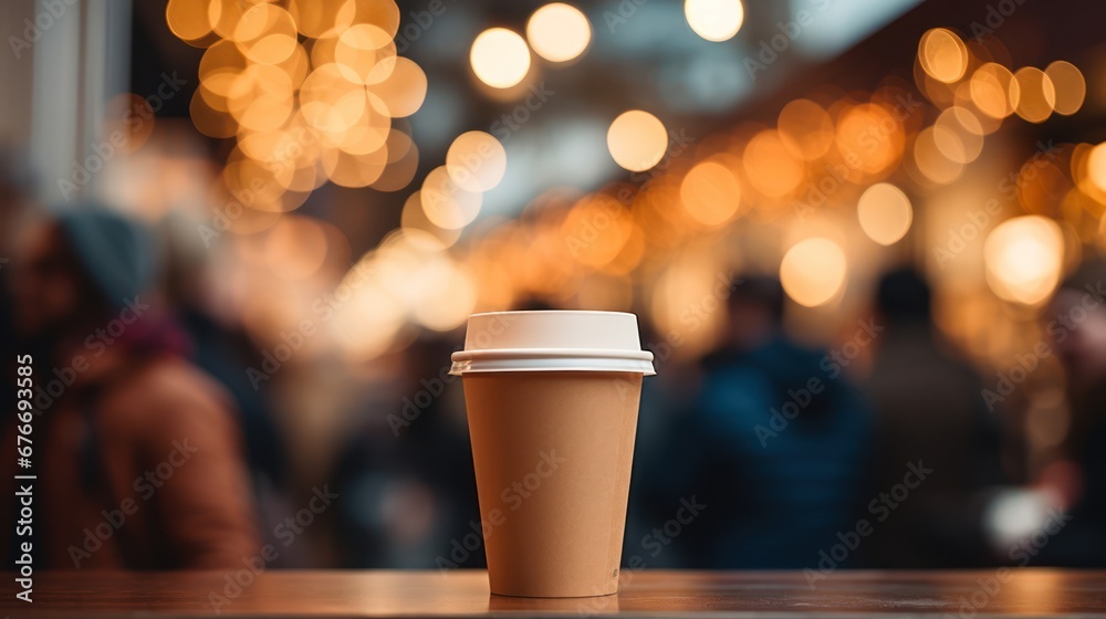 Takeaway coffee on wooden counter closeup, hot beverage to go, Blur cafe interior background