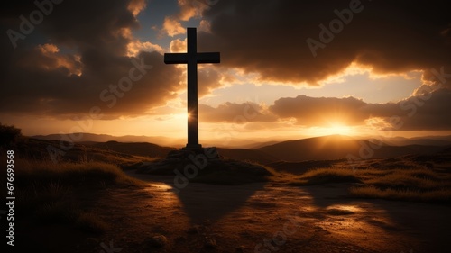 Holy cross symbolizing the death and resurrection of Jesus Christ with the sky. AI Generated