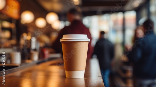 Takeaway coffee on wooden counter closeup, hot beverage to go, Blur cafe interior background