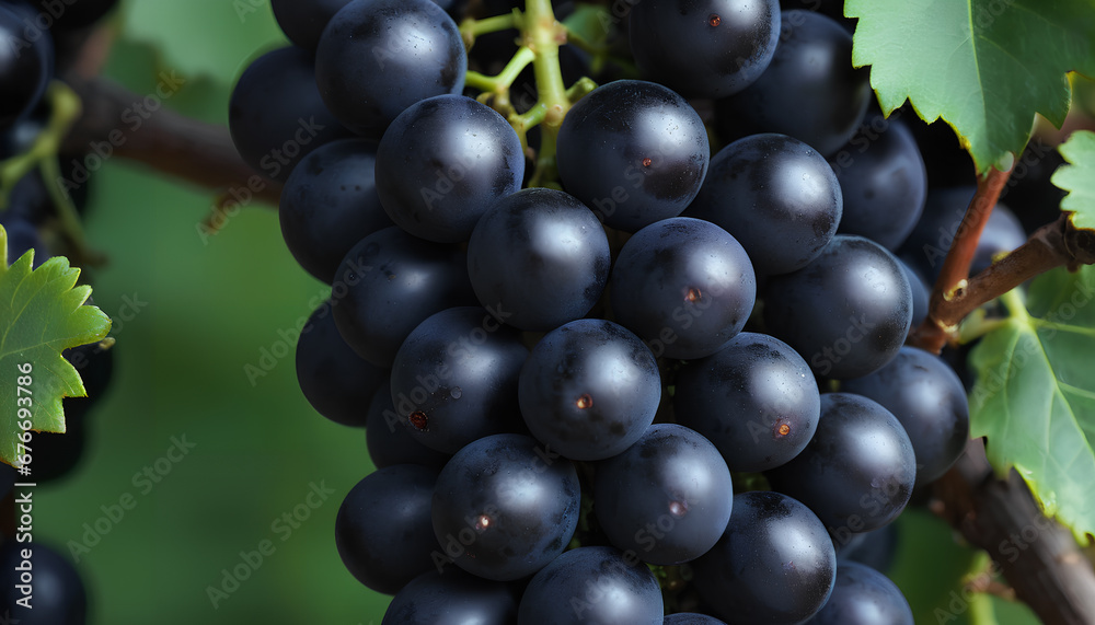 black grapes bunch on vine branch, generative AI. black grapes bunch on vine branch, generative AI.