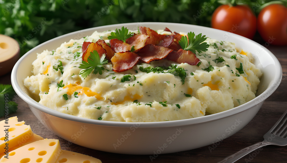 bacon-infused mashed potatoes: creamy delight with cheddar cheese and fresh parsley, generative AI. bacon-infused mashed potatoes: creamy delight with cheddar cheese and fresh parsley, generative AI.