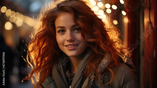 Young red hair woman in Christmas season smiling outdoor