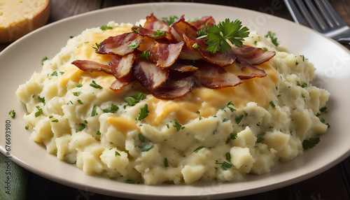 bacon-infused mashed potatoes: creamy delight with cheddar cheese and fresh parsley, generative AI.