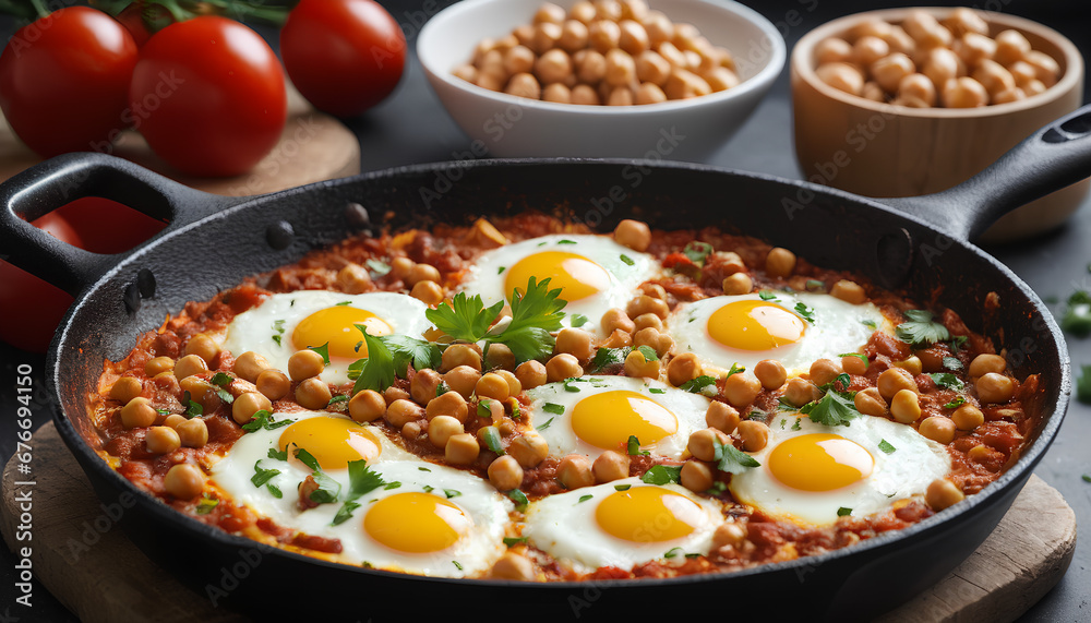 spicy chickpea shakshuka in a skillet, a flavorful fusion delight, generative AI.