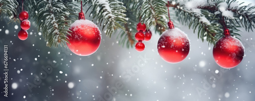 Festive red christmas baubles hanging from a tree with a snowy winter landscape background