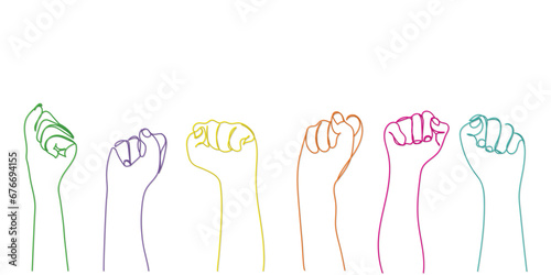 Row of man hands showing clenched fist gesture. Victory or protest group of signs. Human hands gesturing diversity and inclusion. Many arms raised together and present popular gesture. tolerance art photo