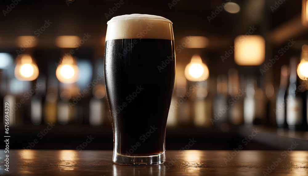 Rich stout beer in a tall glass with frothy foam on a bar counter. Blurred bar ambiance in the backdrop, generative AI Rich stout beer in a tall glass with frothy foam on a bar counter. Blurred bar ambiance in the backdrop, generative AI