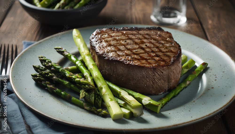 Classic combination of traditional steak and mashed potatoes served with blanched asparagus, generative AI. Classic combination of traditional steak and mashed potatoes served with blanched asparagus, generative AI.