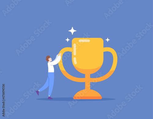 Achievements and awards. won a trophy. the champion, the winner of the competition, the best employee or businessman. A man holding a giant trophy. rewards and results. illustration concept design