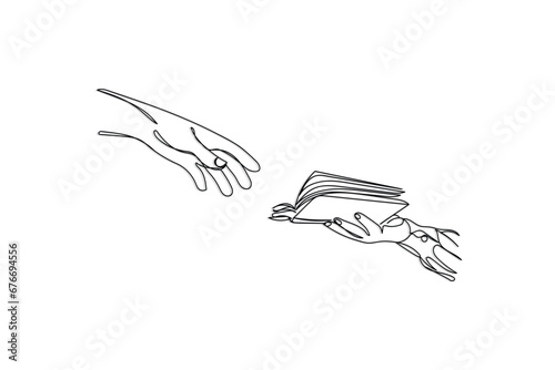 line art of hand of a person reaching out to hold a book. Concept of thirst of knowledge. Teacher and student relationship. Nature is the best teacher. Seek knowledge. Ancient art history.