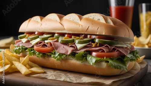 Italian sub sandwich with chips. A classic and savory combo for a quick and tasty meal, generative AI.