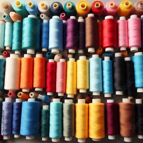 Colorful spools of thread arranged neatly.