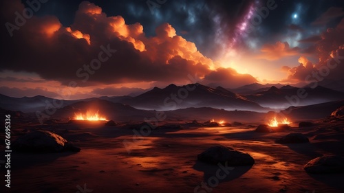 Fantasy landscape of fiery planet with glowing stars, nebulae, massive clouds and falling asteroids. AI Generated © DEER FLUFFY