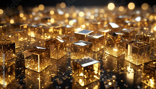 golden crystals, glass cubes wallpaper. abstract background, generative AI