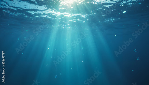  Underwater world. View from beneath the water surface. Bubbles in the background and a dark abyss. A captivating scene that unveils the mysteries of the deep, Generative AI.