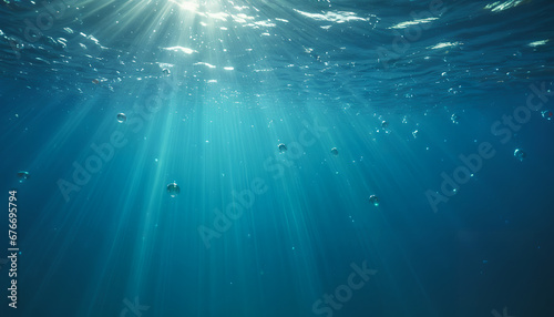  Underwater world. View from beneath the water surface. Bubbles in the background and a dark abyss. A captivating scene that unveils the mysteries of the deep, Generative AI. © 4K_Heaven