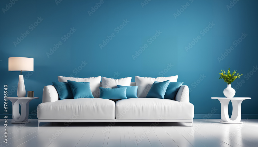 Sofa in a blue room. A cozy and harmonious setting with a touch of elegance, Generative AI. Sofa in a blue room. A cozy and harmonious setting with a touch of elegance, Generative AI.