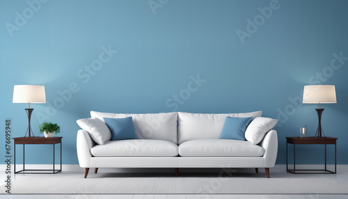 Sofa in a blue room. A cozy and harmonious setting with a touch of elegance, Generative AI. © 4K_Heaven