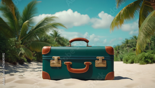 Symbolic of vacation travel, a suitcase set against a backdrop of a vibrant tropical scene. Evoking the essence of adventure and relaxation in a sun-soaked paradise, Generative AI. © 4K_Heaven