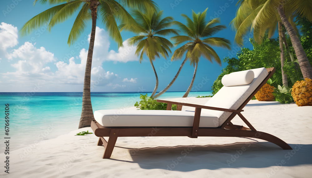 Lounger on a sandy beach. An inviting scene capturing the relaxation and tranquility of a beachside setting, Generative AI.