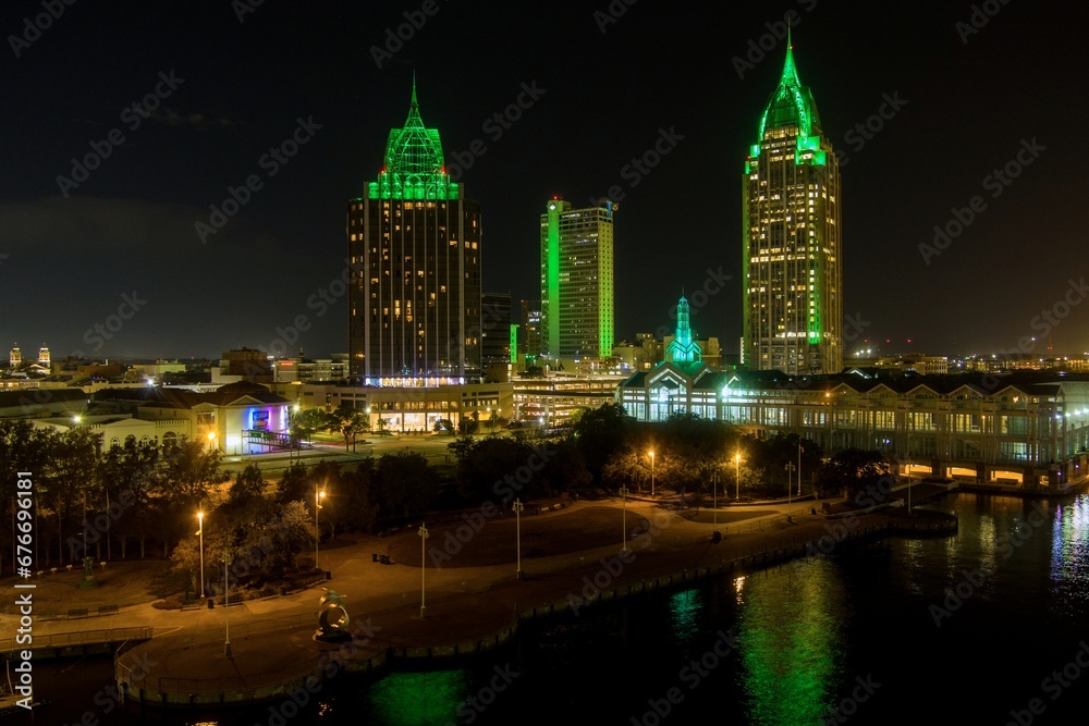 Downtown Mobile, Alabama riverside skyline at night