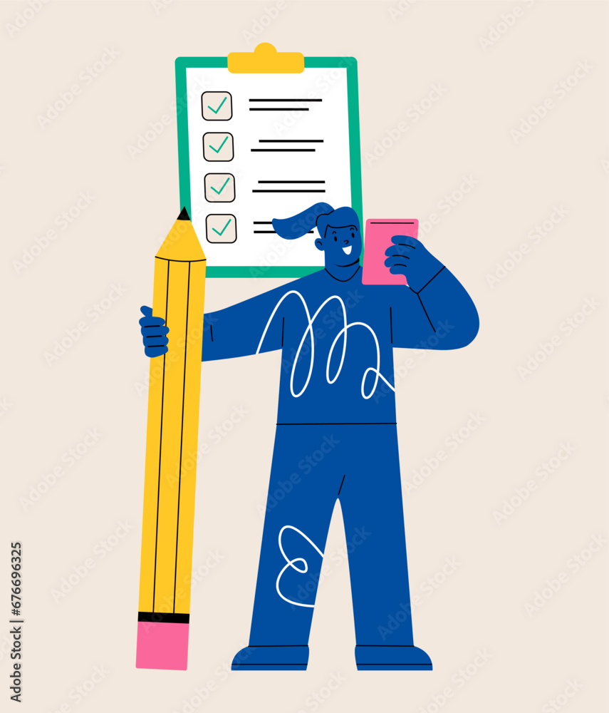 Checklist. Woman checks the last item. Colorful vector illustration