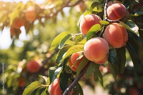Bountiful harvest. Ripe summer fruits on tree. Nature bounty. Fresh and juicy peaches on branch. Agricultural delight. Healthy and delicious peach photo