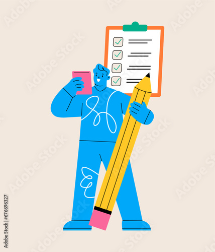 Checklist. Man checks the last item. Colorful vector illustration