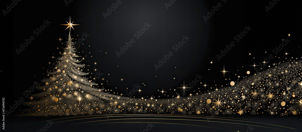 Greeting or invitation card with a Christmas tree in black and gold color. Minimalistic, graphic composition with copy space.