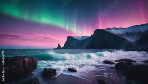 Purple aurora borealis over cliffs and the ocean. A mesmerizing natural phenomenon painting the night sky with shades of violet and casting an enchanting glow over the coastal landscape, Generative AI