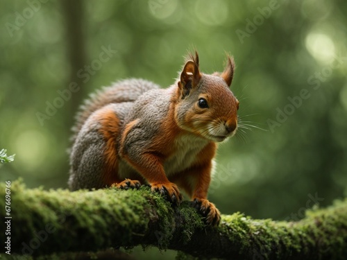 Red squirrel on a mossy branch in a forest