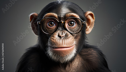 Portrait of a monkey wearing glasses,. An amusing depiction of a primate emphasizing its facial features,, Generative AI.