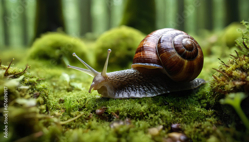 walking snail in the forest on moss. generative AI