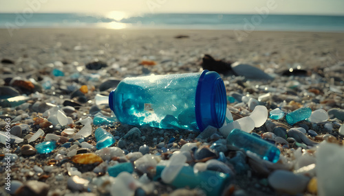 trash on the beach  microplastics. environmental pollution and marine debris  generative AI