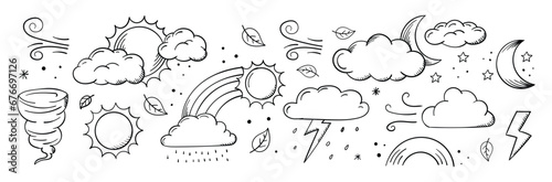 Set of hand drawing weather. cute kawaii clouds, sun, moon in doodle style