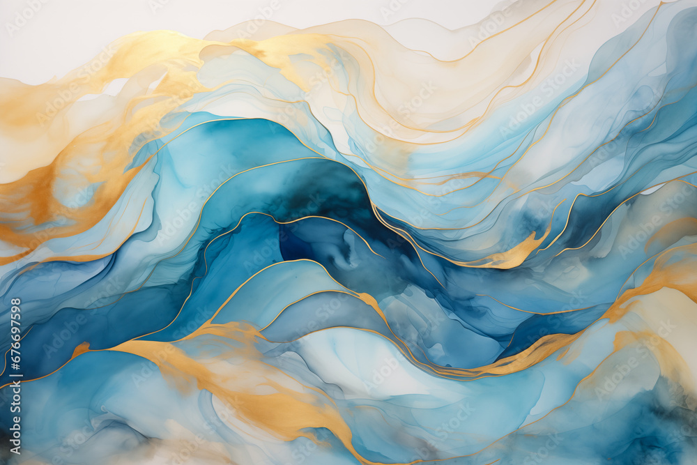 Blue, gold wavy marble ocean waves background. Flowing special effect blue, golden yellow wavy abstract fantasy backdrop. Magic modern art, happy ocean waves copy space banner for text - obrazy, fototapety, plakaty 