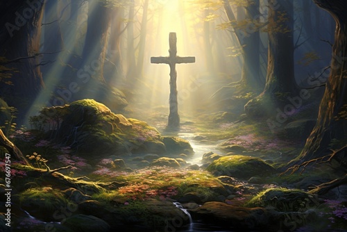 Wooden cross in the forest with sunlight in the morning